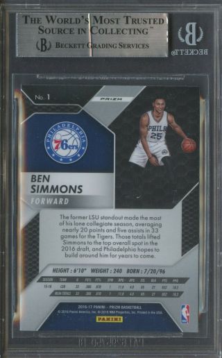 2016 - 17 Panini Prizm Silver 1 Ben Simmons 76ers RC Rookie BGS 9 2