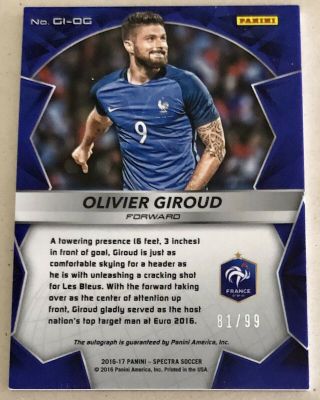 2016 - 17 Panini Spectra Global Icons OLIVIER GIROUD /99 Auto Soccer Card France 2