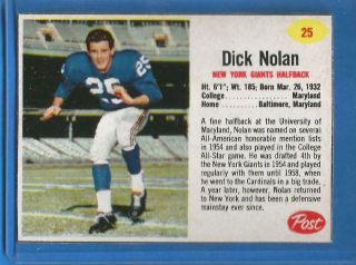 1962 Post Cereal Football Card 25 Dick Nolan (sp) - York Giants