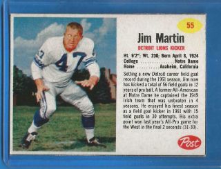 1962 Post Cereal Football Card 55 Jim Martin (sp) - Detroit Lions