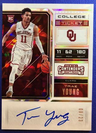 Trae Young 2018 - 19 Panini Contenders Rc Auto 8/23 Cracked Ice Prizm Ticket