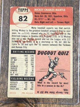 1953 Topps 82 Mickey Mantle Yankees HOF Ungraded Card Poor 2