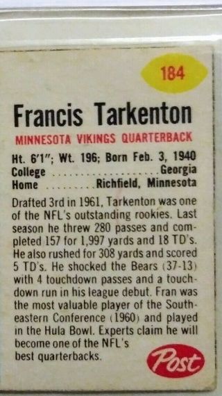 1962 post cereal Football Card 184 francis tarkenton of the Minnesota Vikings 3
