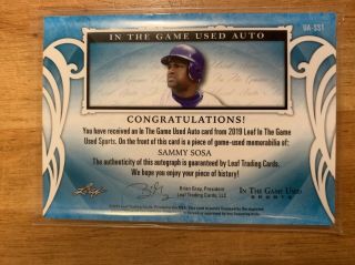 2019 Leaf In The Game Sports Sammy Sosa Game Bat Auto 30/30 Cubs 2
