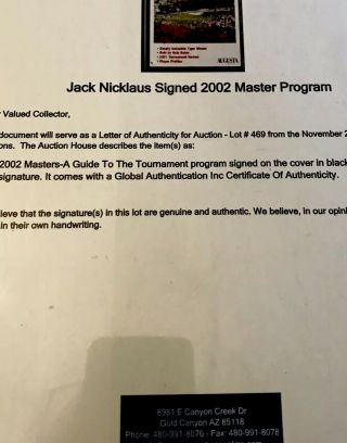 Jack Nicklaus Autographed 2002 Masters Program & Tiger Woods Upper Deck Card 7