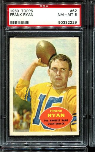 1960 Topps Football 62 Frank Ryan Los Angeles Rams Rc Rookie Psa 8 Nm - Mt
