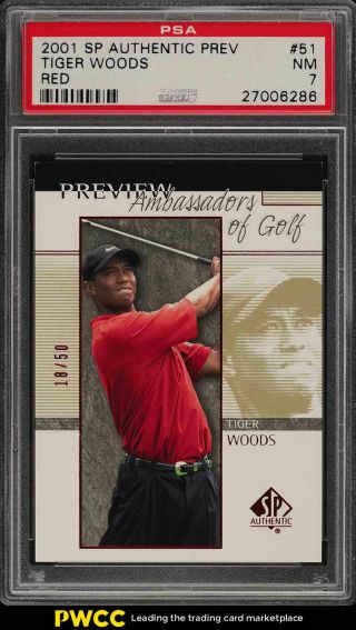 2001 Sp Authentic Preview Red Tiger Woods Rookie Rc /50 51 Psa 7 Nrmt (pwcc)