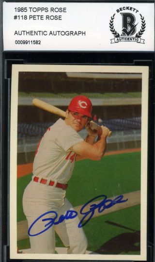 Pete Rose 1985 Topps 118 Hand Signed Bas Beckett Authentic Autograph
