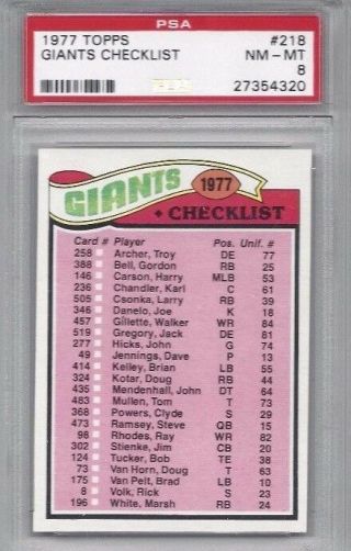 1977 Topps Football Card 218 York Giants Checklist Psa 8 Nmmt