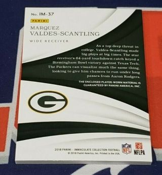 2018 Immaculate Marquez Valdes - Scantling Numbers Jumbo Patch 07/25 RC Packers 2