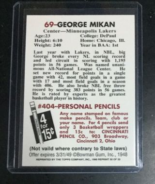1996 Topps Stars Reprint 1948 GEORGE MIKAN RC On Card Autograph Auto Lakers 2