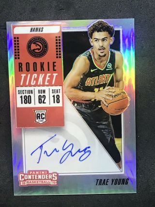 2018 - 19 Panini Contenders Trae Young Rc Premium Refractor Rookie Ticket Auto