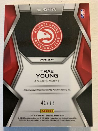 2018 - 19 Trae Young Spectra /75 AUTO/autograph Rising Stars RC/ROOKIE SP Hawks 2