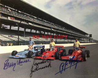 Indianapolis 500 Autographed Front Row 8x10 Aj Foyt Gordon Johncock Bobby Unser