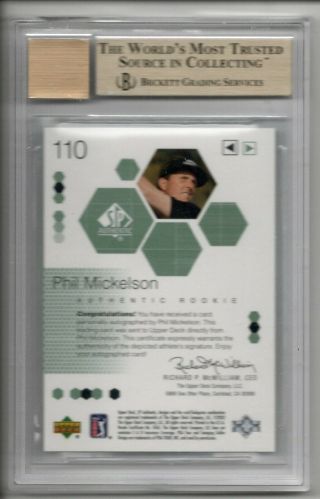 PHIL MICKELSON AUTO RC /799 2002 SP AUTHENTIC ON CARD AUTOGRAPH ROOKIE BGS 9.  5 2