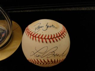 AUTOGRAPHED NATIONAL LEAGUE MLB BASEBALL BY LOU BROCK,  OZZIE SMITH,  DAVID JUSTICE 3
