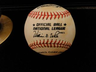 AUTOGRAPHED NATIONAL LEAGUE MLB BASEBALL BY LOU BROCK,  OZZIE SMITH,  DAVID JUSTICE 4