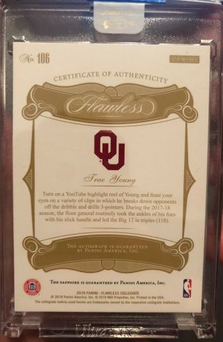 Trae Young 2018 - 19 Flawless Collegiate Rookie Signatures Auto 11/15 RC OU 2