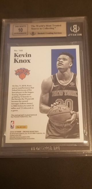 KEVIN KNOX 2018 - 19 PANINI ENCASED GOLD AUTOGRAPH 8/10 BGS 9.  5 AUTO Rookie 2