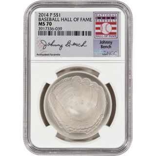 2014 - P Us Baseball Bu Silver $1 - Ngc Ms70 - Hof Label - Johnny Bench