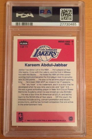 1986 Fleer Sticker Kareem Abdul - Jabbar 1 PSA 8 NM - MT LABEL HOF LAKERS 2