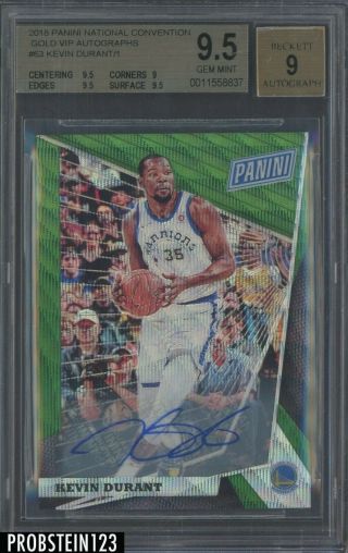 2018 Panini National Gold Vip Green Kevin Durant Warriors Auto 1/1 Bgs 9.  5