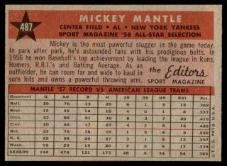 1958 TOPPS 487 MICKEY MANTLE YANKEES ALL STAR NM to NM, 2