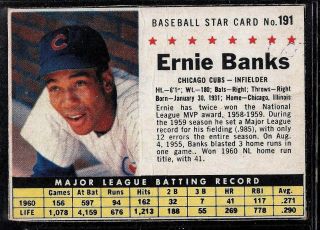 1961 Post Cereal Baseball Chicago Cubs Ernie Banks Hand Cut Box Card 191 Vg,  Sp