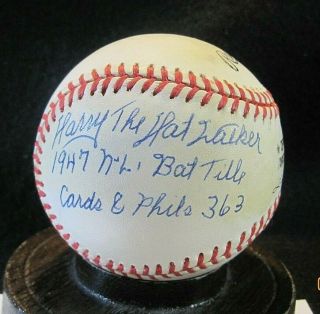 Harry The Hat Walker Signed Onl Baseball W/coa W/1947 Batting Title Inscription