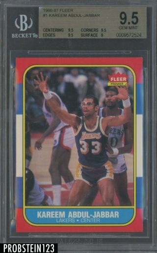 1986 Fleer 1 Kareem Abdul - Jabbar Los Angeles Lakers Hof Bgs 9.  5