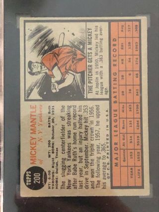 1962 Topps Mickey Mantle 200 SGC 2.  5 GD, 6