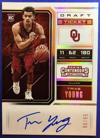 Trae Young 2018 - 19 Panini Contenders Rc Auto 56/99 College Draft Ticket Hawks