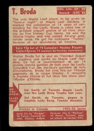 1955 - 56 Parkhurst 23 Turk Broda OTG Maple Leafs VG (ref 0998) 2