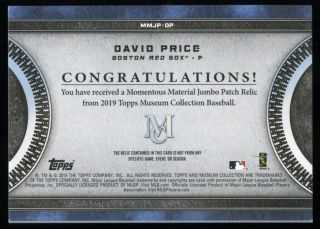 David Price Red Sox 2019 Topps Museum Dual Momentous Materials Jumbo Patch 3/5 2