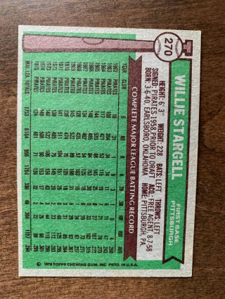 1976 Topps Willie Stargell Pittsburgh Pirates 270 Baseball Card 2