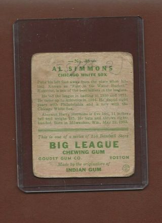 1933 Goudey Chewing Gum Baseball 35 Al Simmons,  Chicago White Sox,  HOF,  Good 2