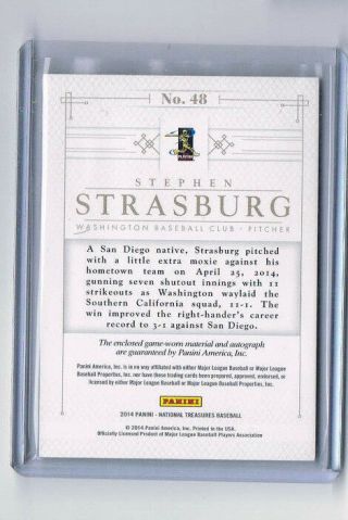 2014 National Treasures Silhouette Stephen Strasburg Game Worn Patch Auto 1/5 2