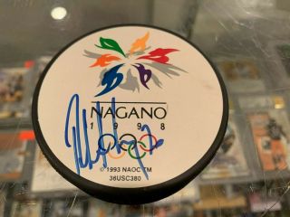 1998 Gold Medal Robert Lang Penguins Signed Puck Nagano Japan Olympics
