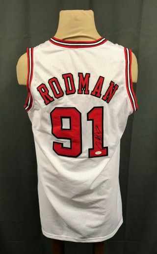 Dennis Rodman 91 Signed Bulls Jersey Auto Sz Xl Jsa Witnessed Sticker Only Hof