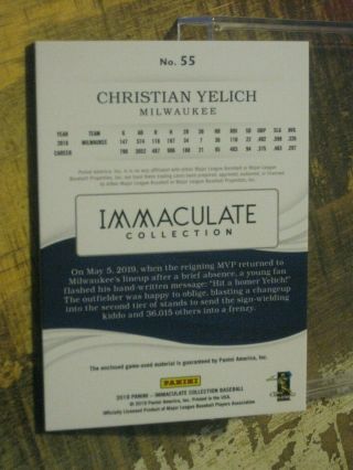 CHRISTIAN YELICH 2019 PANINI IMMACULATE GAME PATCH RELIC 25/99 BREWERS 2