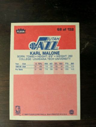 1986 - 87 Fleer 68 Karl Malone Rookie - Good Centering Card 2
