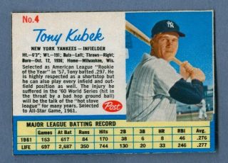 1962 Post Cereal Tony Kubek 4 Yankees -