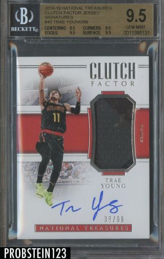 2018 - 19 National Treasures Clutch Factor Trae Young Rc Patch Auto /99 Bgs 9.  5