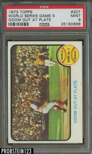 1973 Topps Setbreak 207 World Series Game 5 Odom Out At Plate Psa 9
