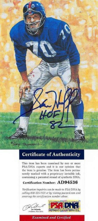 Sam Huff Signed Goal Line Art Card Pro Football Hall Of Fame Hof Auto Psa/dna