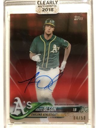 2018 Topps Clearly Authentic Matt Olson Red Auto /50 Oakland Athletics