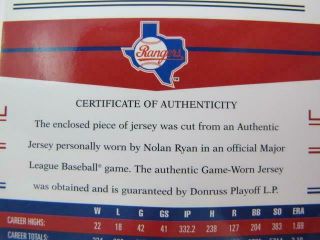 Donruss 5 of 8 Prime Patches BUTTON Nolan Ryan 89 Game Worn Jersey Card 9