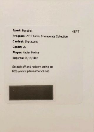 2019 Panini Immaculate Yadier Molina Signatures Auto Redemption Cardinals