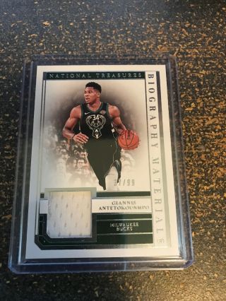 2018 - 19 National Treasures Giannis Antetokounmpo Biography Materials Patch 37/99