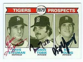 Kip Young,  Dave Tobik,  And Dave Stegman Autographed Baseball Card 1979 Topps 706